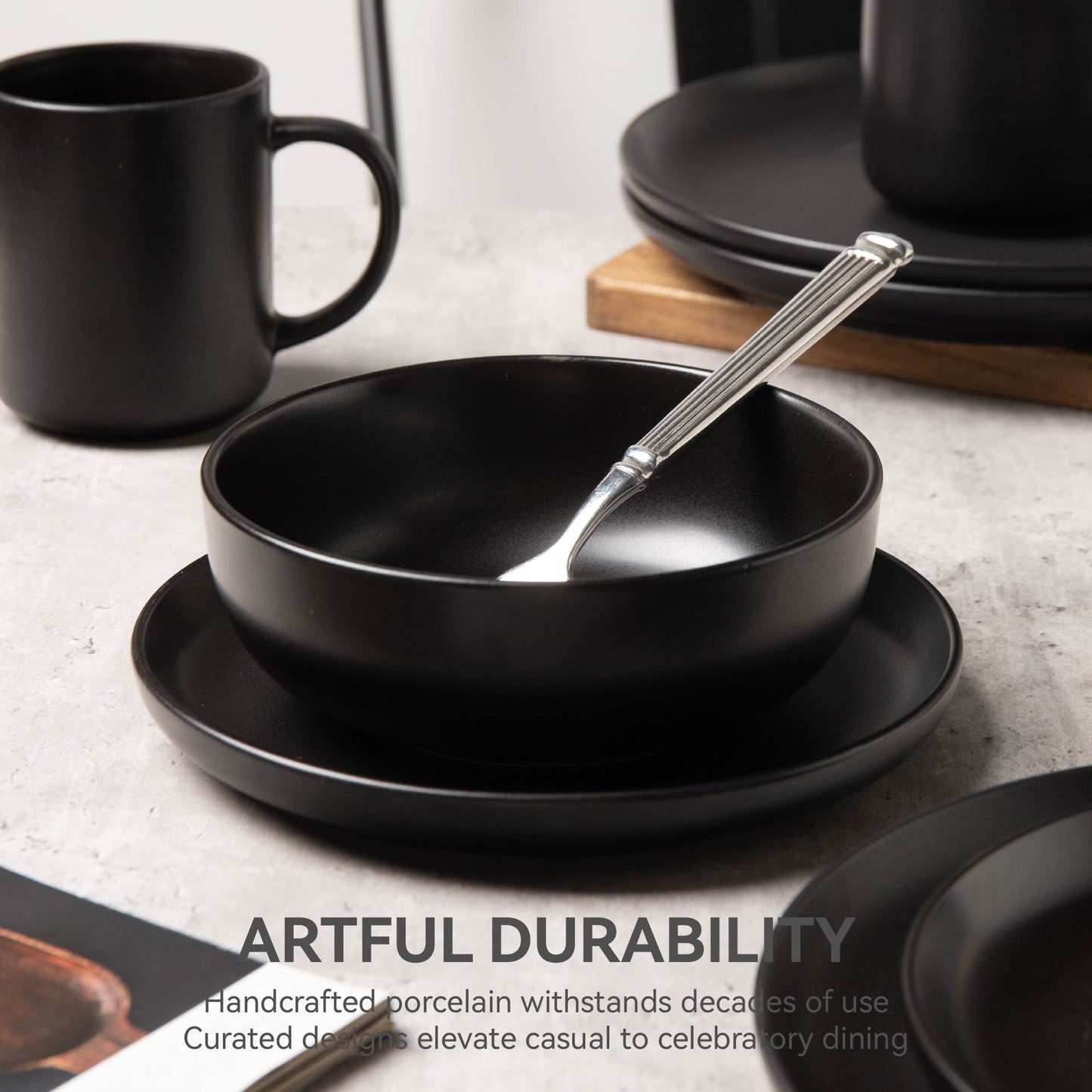 12-Piece Stoneware Dinnerware Sets with Mugs | Microwave & Dishwasher Safe | Non-Toxic Dinner Plates Bowls Set | Stackable Matte Glaze Kitchenware for 3,Black