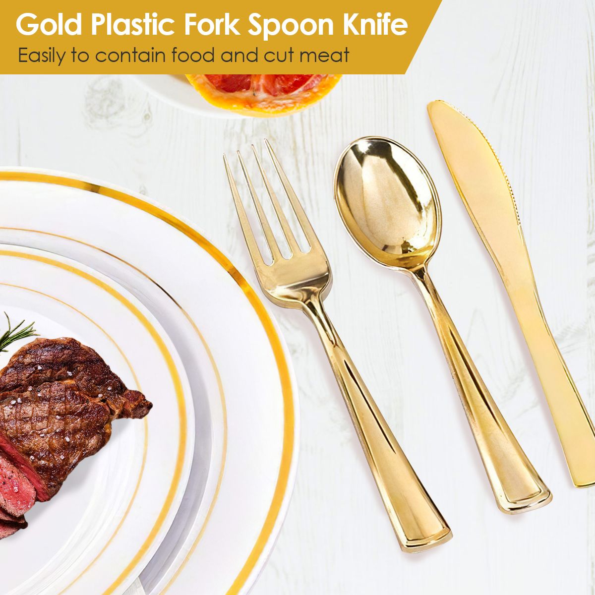 175PCS Disposable Gold Rim Dinnerware Set for 25 Guests - Premium Plastic Plates Cups Cutlery Napkins, Perfect for Wedding Birthday Halloween Christmas Catering Events