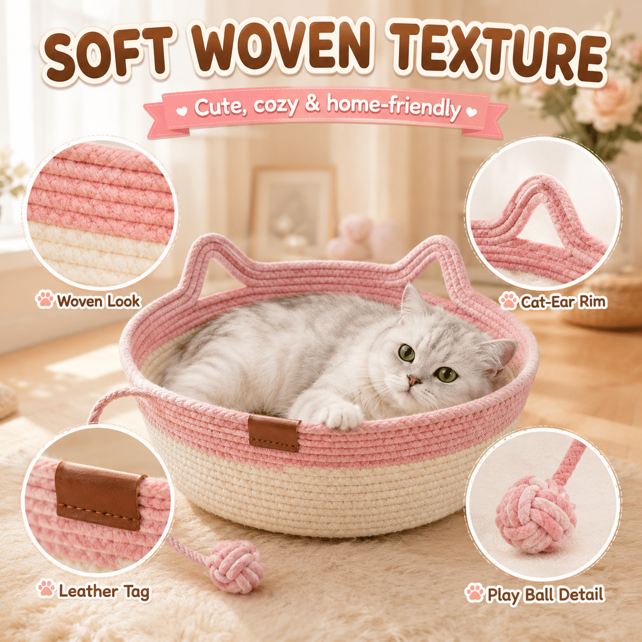 2-in-1 Cotton Rope Cat Bed with Hanging Interactive Toy, Cozy Round Cat Nest for Indoor Cats, Washable Pet Bed with Handles, Modern Boho Home Decor for Kittens & Small Cats, Non-toxic & Durable