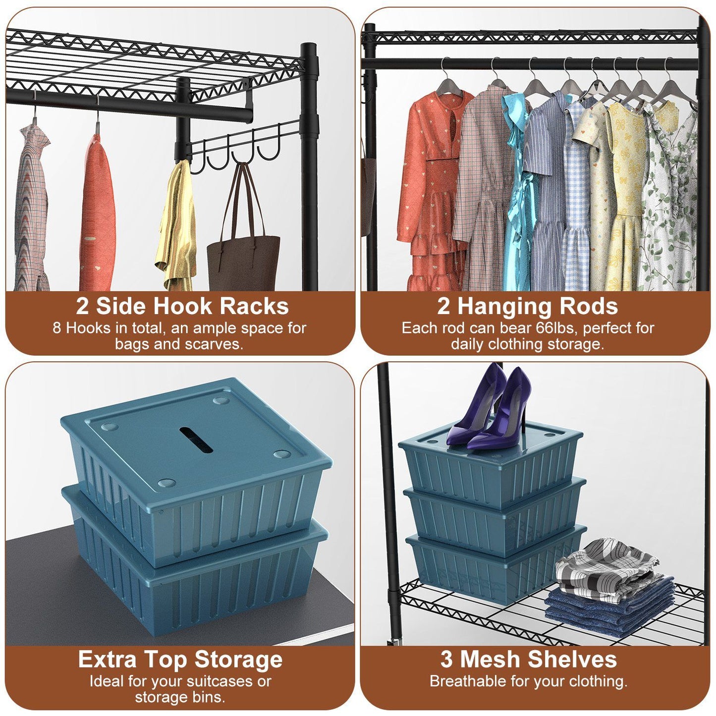 2 Tier Clothing Rack With Cover Portable Wardrobe Closet Covered Garment Rack with 4 Wheels 2 Hanging Rods 2 Hook Racks 35.43x17.13x72.44in