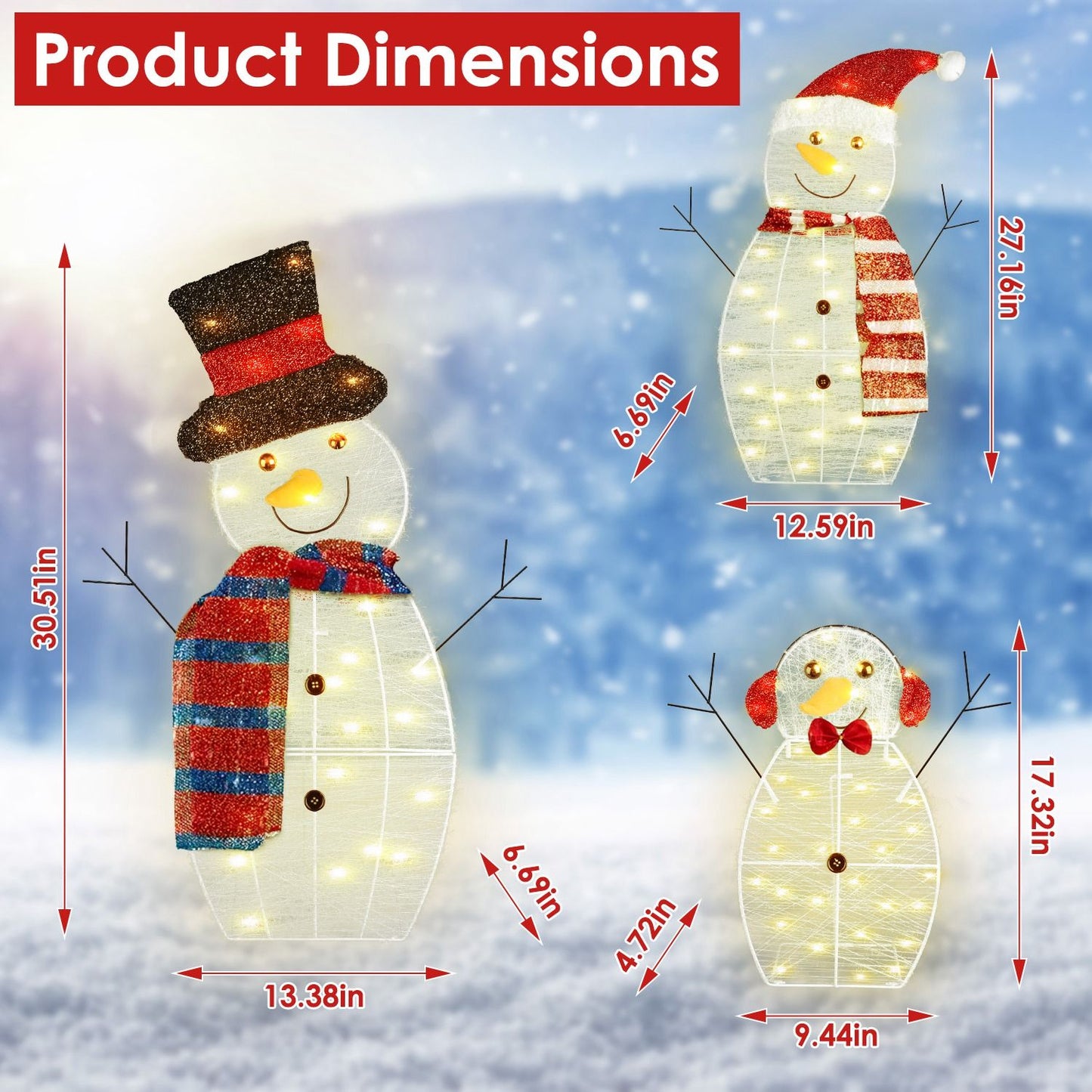 3-Piece Christmas Snowman Family Decorations (Father/Mother/Baby), 2D Plush-Wrapped Metal Frame with 3×9.84ft LED String Lights (30 Beads/Each), USB Powered for Festive Glow