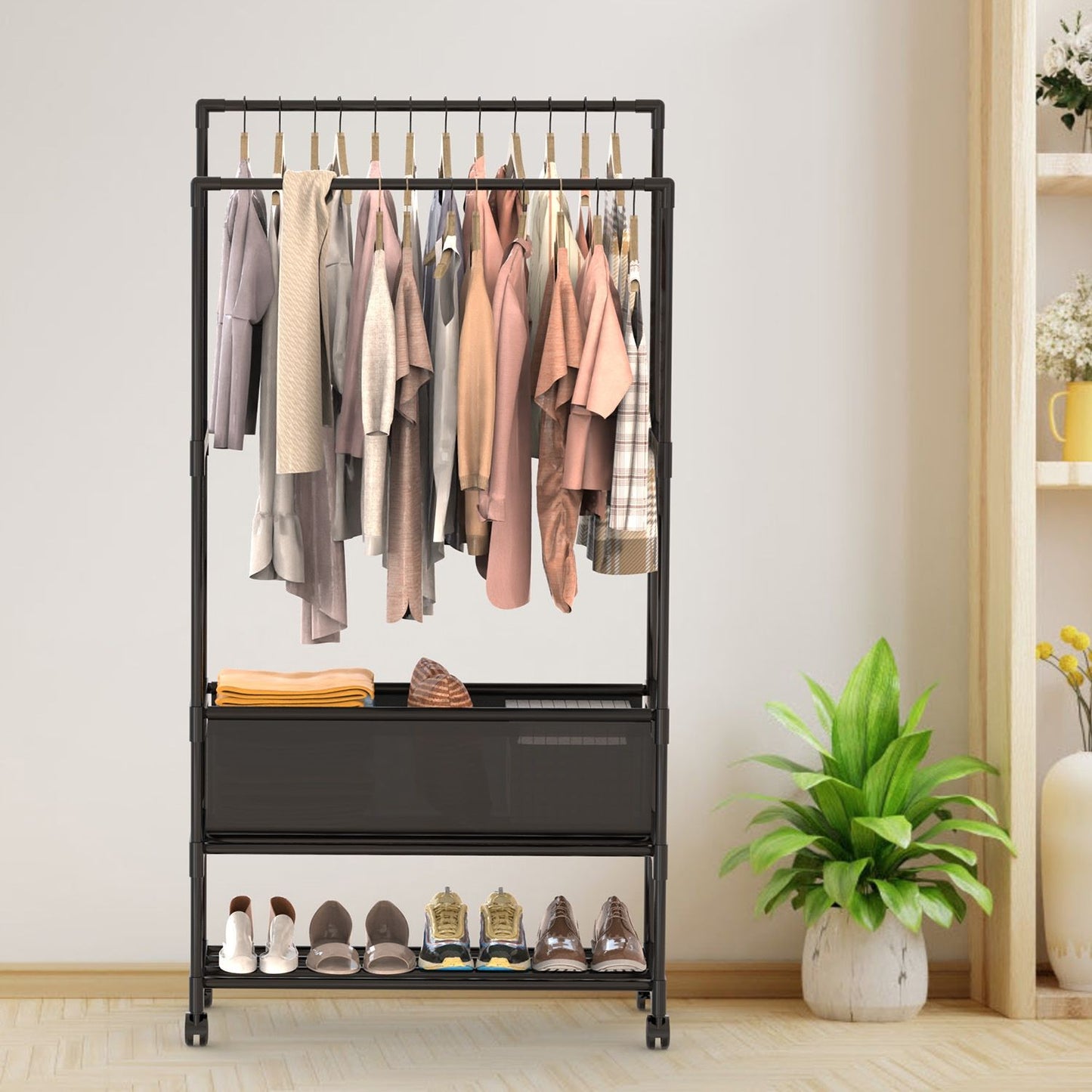 3 Tiered Portable Clothing Rack For Bedroom Entryway Double Hanging Rods Sturdy Iron Garment Rack With Double Hanging Rods Adjustable Storage Bag Quiet Wheels