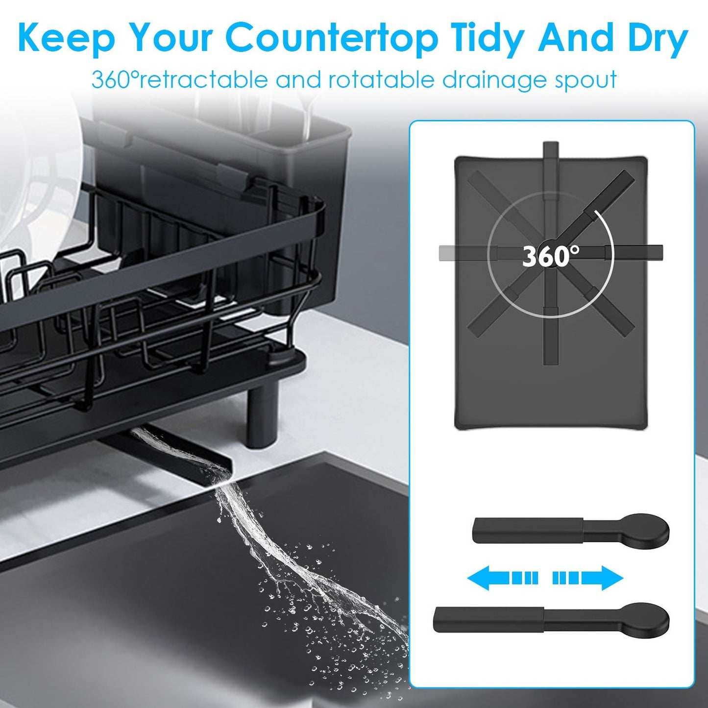 360° Swivel Spout Dish Drying Rack, All-Round Drainage System (No Wet Countertops) with Separate Knife Holder Drainage, Drainboard for Quick Drying