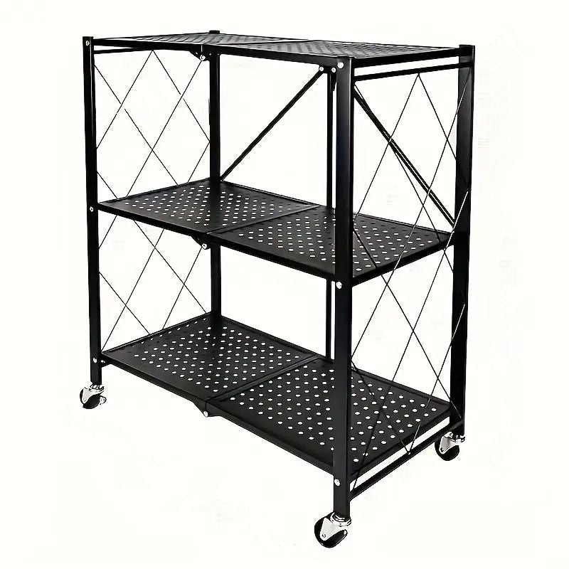 3Tier Heavy Duty Foldable Metal Rack Storage Rack, Removable Organizing Rack with Wheels, Suitable for Garage Kitchen, Black Kitchen Storage Rack, Garage Storage Organizer Rack, All-In-One Storage