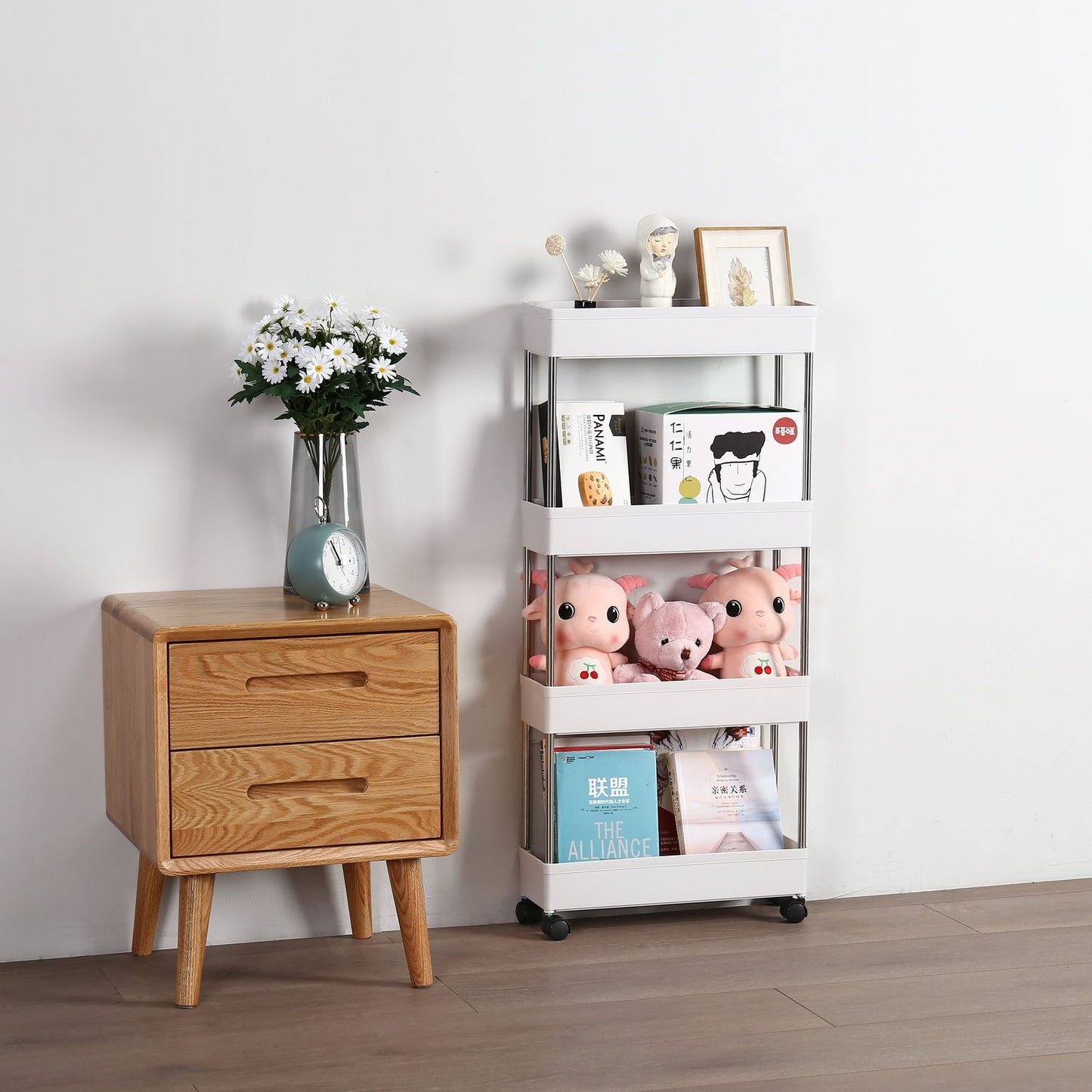 4 Tier Slim Storage Cart Mobile Shelving Unit Organizer Slide Out Storage Rolling Utility Cart Tower Rack for Kitchen Bathroom Laundry Narrow Places, Plastic & Stainless Steel, White