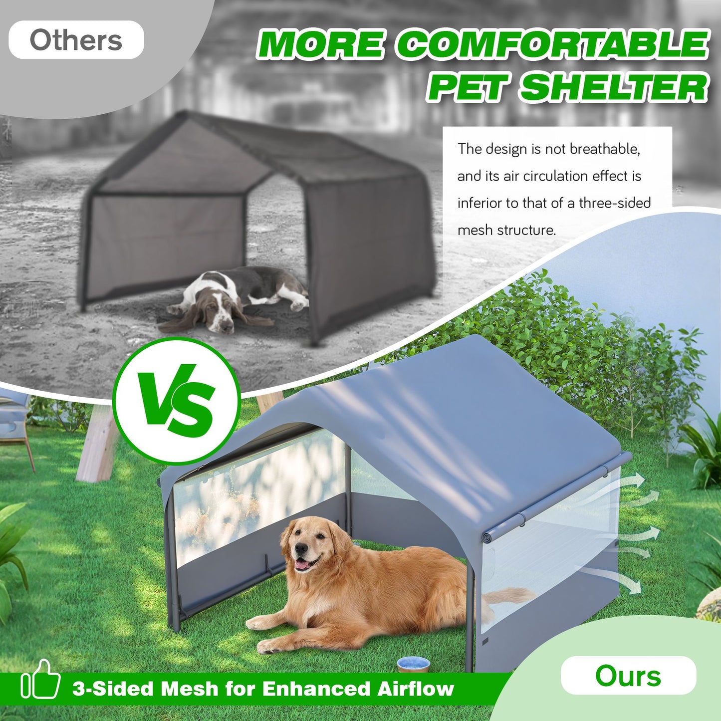 4' x 4' x 3.3' Outdoor Dog House Tent with 3-Sided Mesh Windows, Pet Shelter with Canopy and Ground Stakes, Gray