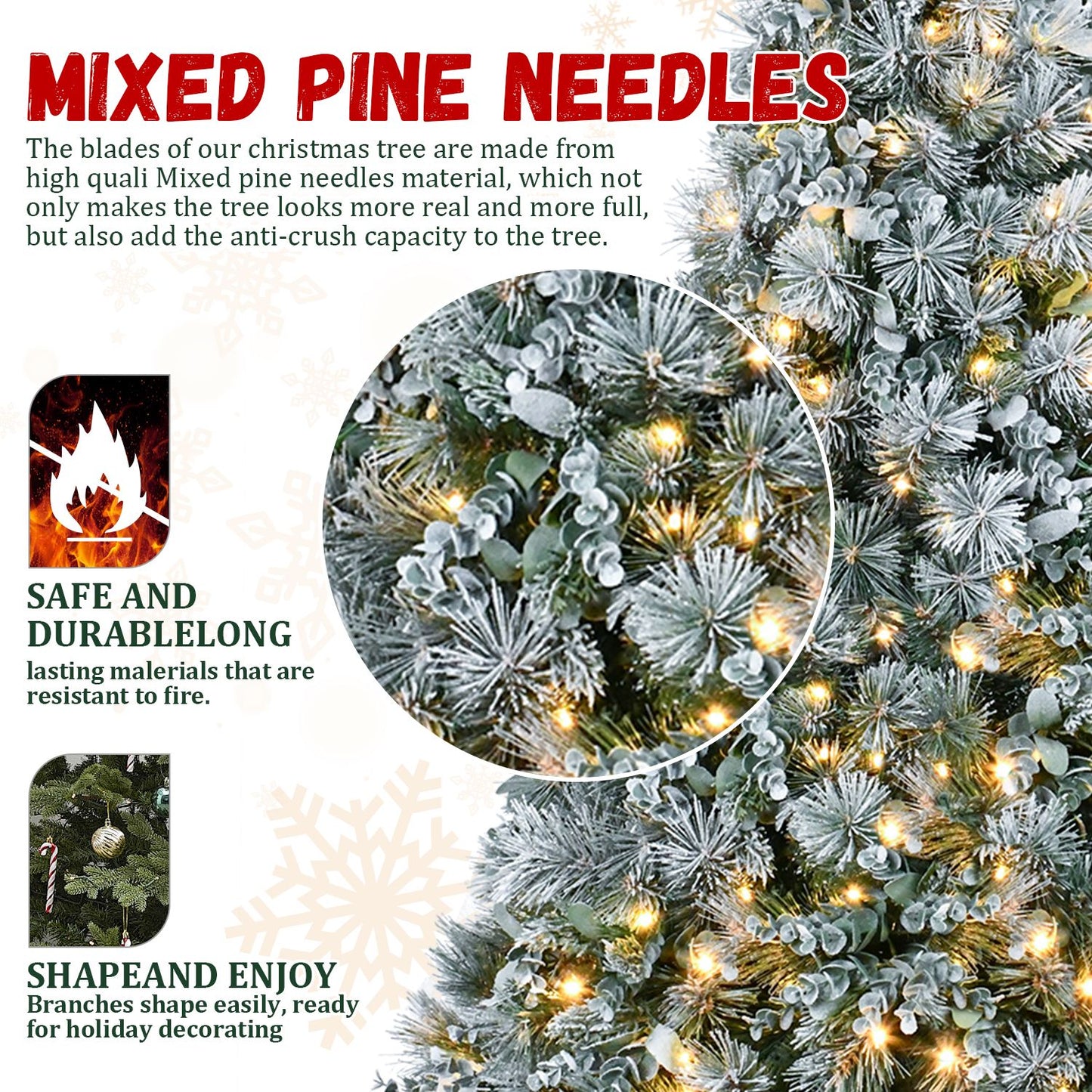 4ft Pre-Lit Flocked Artificial Christmas Tree with 150 Warm White Lights, Snow Frosted Realistic Pine Xmas Tree for Indoor Holiday Decoration, Home Office Décor