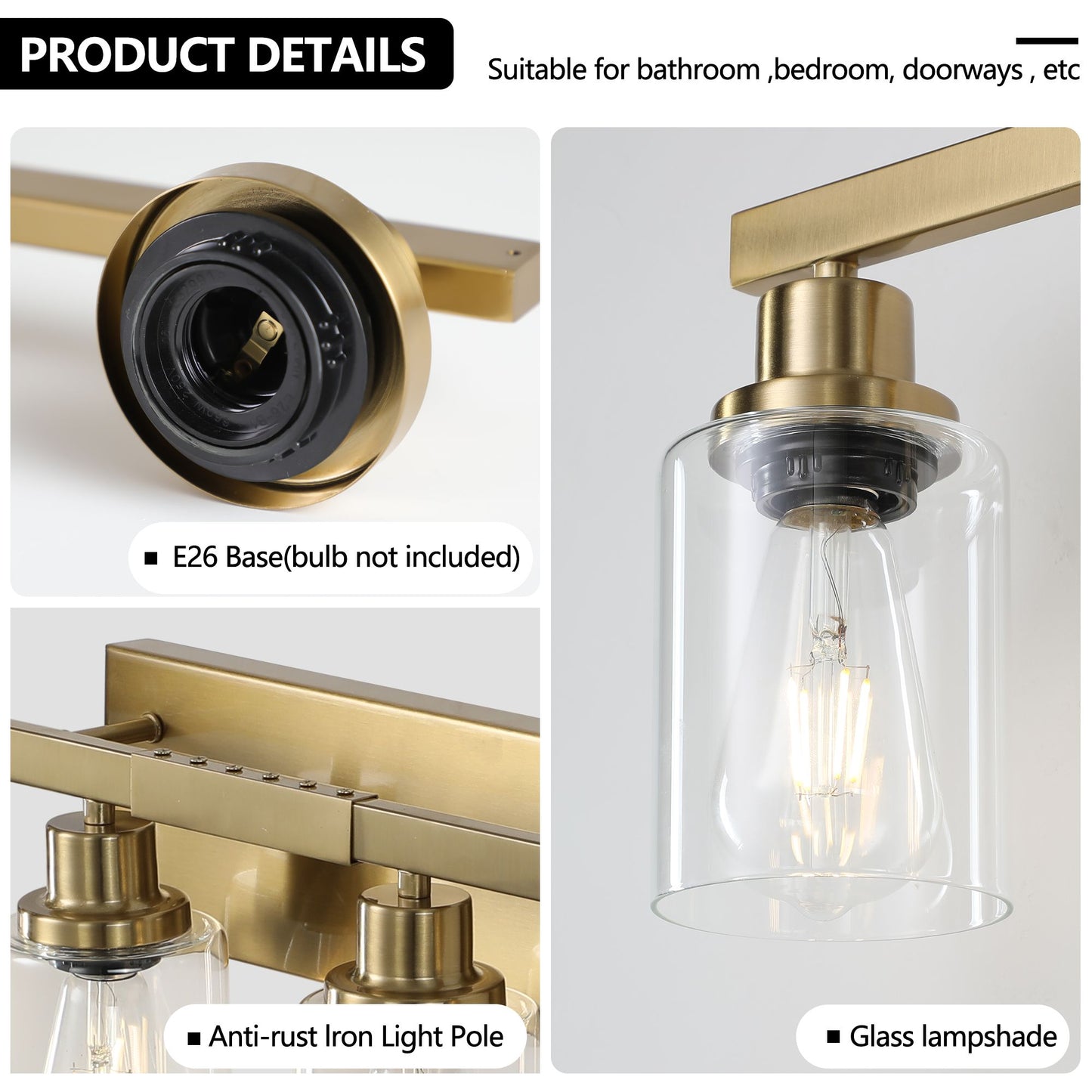 51" Golden 8-Light Vanity Light with Clear Glass Shades, Modern Iron Metal Bathroom Wall Fixture for Mirror, Ideal for Bathroom and Dressing Table (No Bulbs)