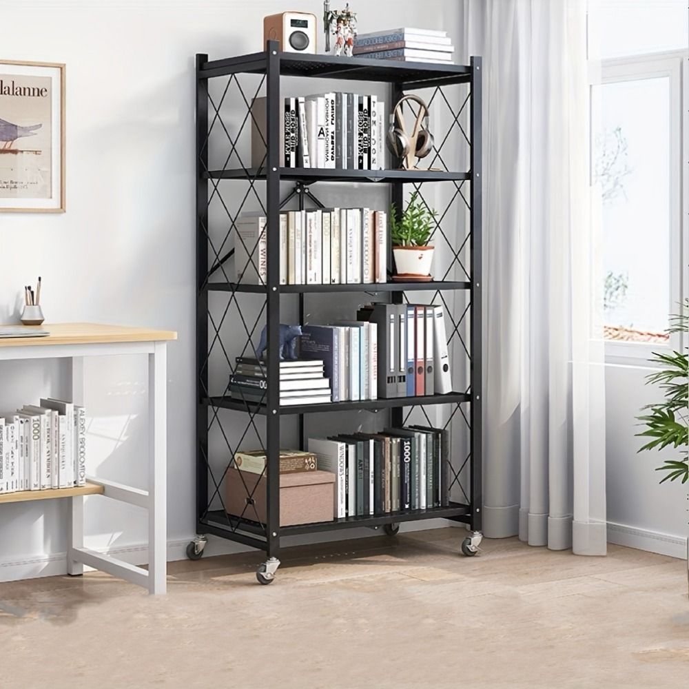 5Tier Heavy Duty Foldable Metal Rack Storage Rack, Removable Organizing Rack with Wheels, Suitable for Garage Kitchen, Black Kitchen Storage Rack, Garage Storage Organizer Rack, All-In-One Storage