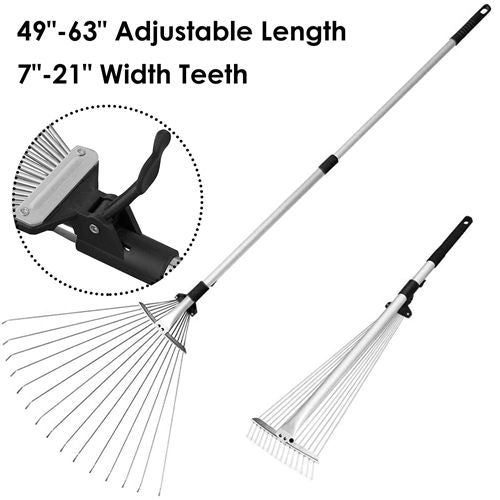 63in Adjustable Garden Leaf Rake 15 Teeth Expanding Stainless Steel Rake For Quick Clean Lawn Yard Garden w/ 7-21inch Teeth Width Folding Head