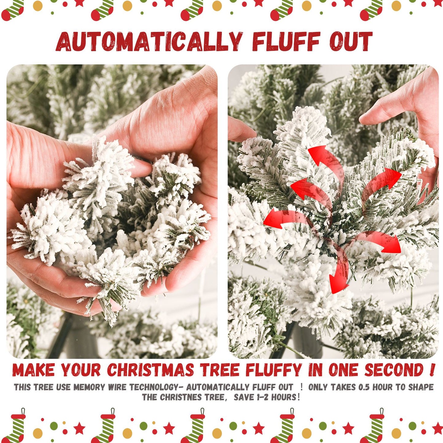 6ft Automatic PVC/Hard Needle Mixed Flocked Tree With Lights Fireproof Artificial flocking Christmas Tree