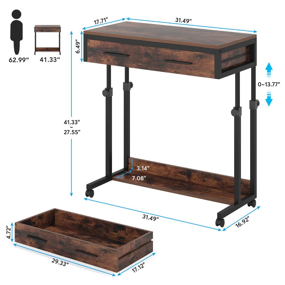 Adjustable height desk, computer desk, office desk, mobile side desk, portable desk with drawers,