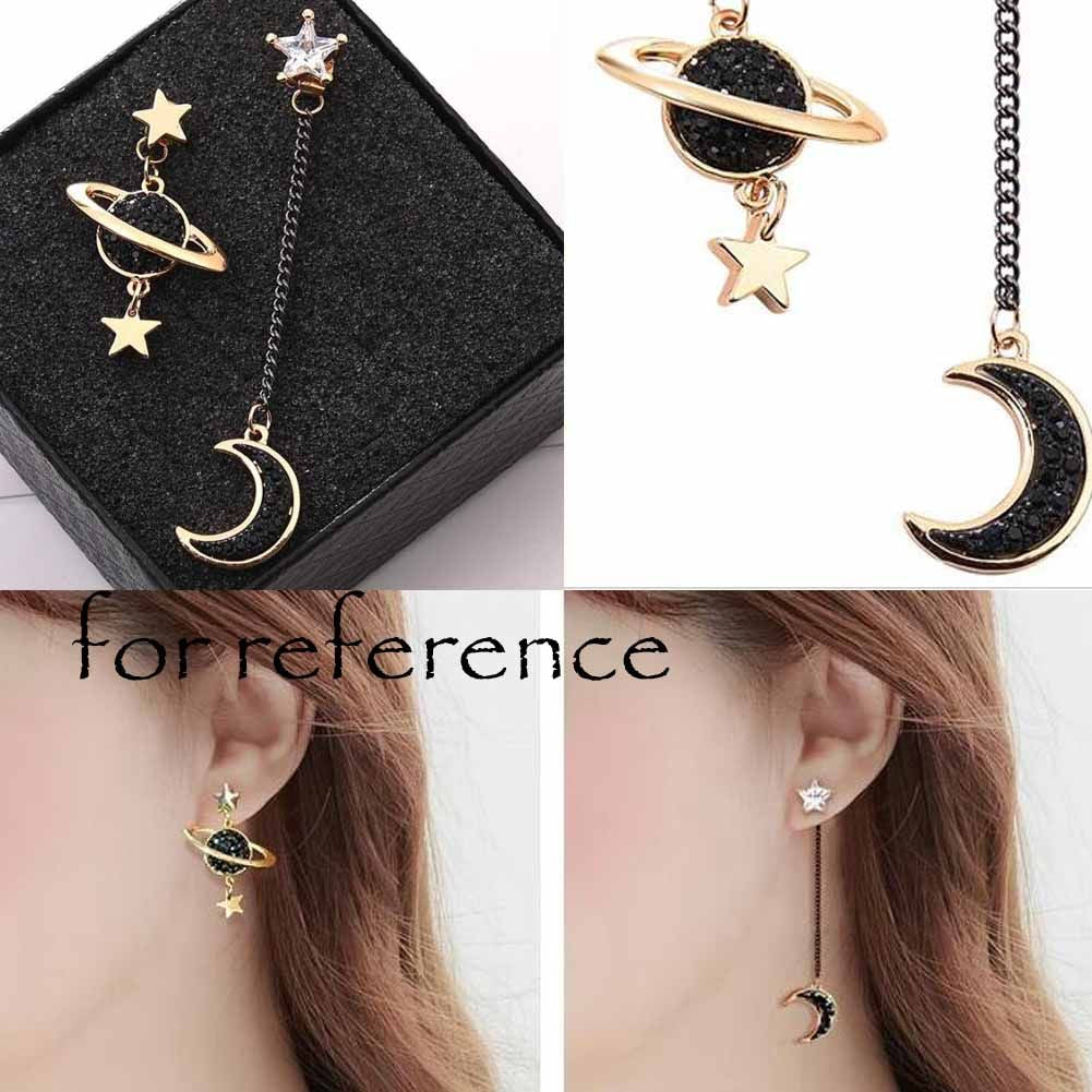 Asymmetric Stud Earrings Women Long Pendant Dangle Earrings Moon and Star Planet Drop; Black