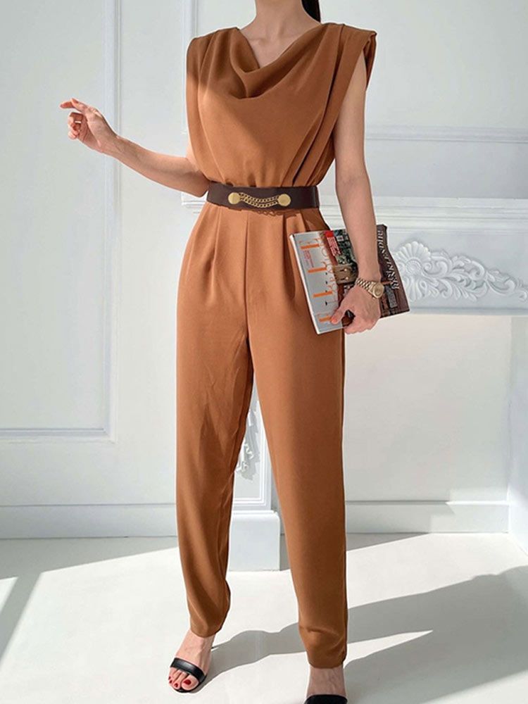 Belt Pleated Jumpsuits Women 2022 Summer Solid Sleeveless Bodysuits Fashion Shoulder Pads Office Lady Elegant Zipper Romper