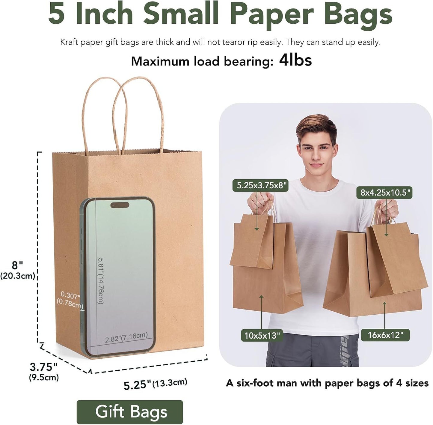 Brown Paper Bags 5.25x3.75x8 20Pcs, Small Gift Paper Bag with Handles Bulk, Graduation Gift, Sturdy Kraft Paper, Retail Shopping Bags, Party Favor