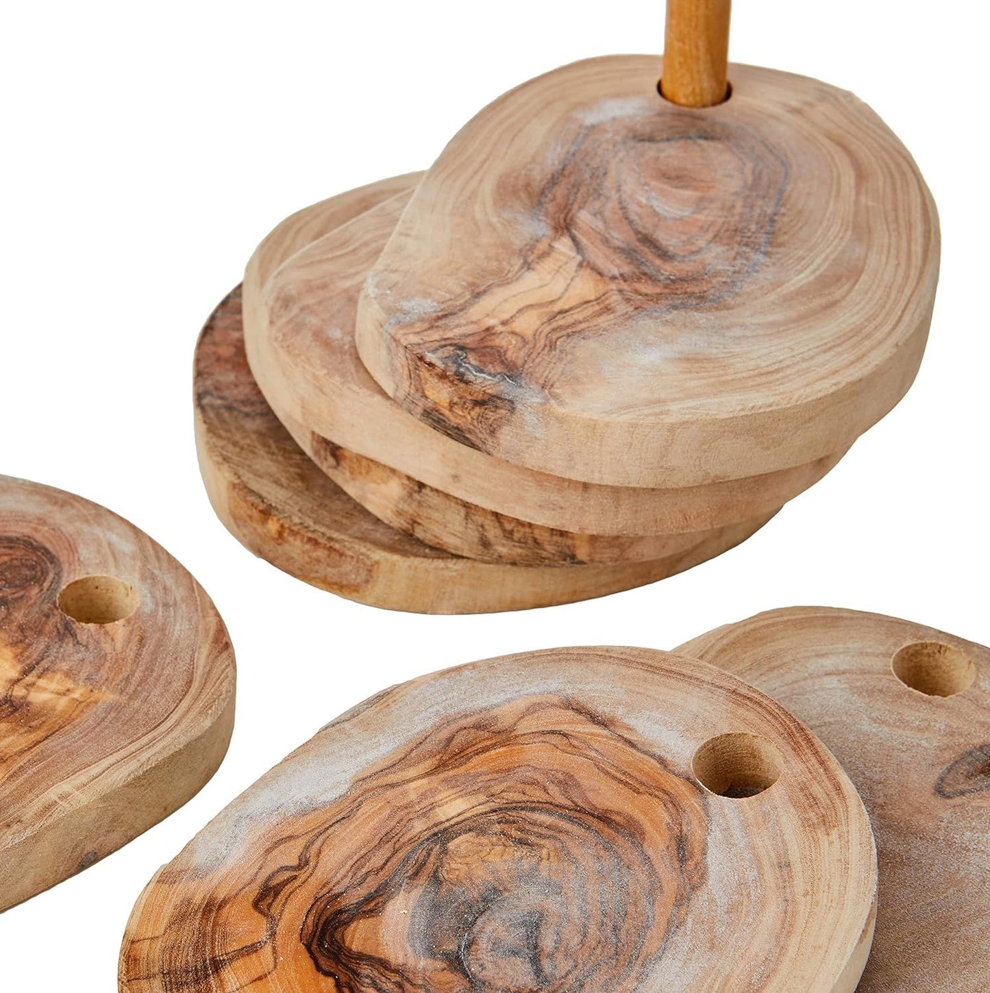 Choixe Hand-Carved Olive Wood Coaster Set with Holder, 7-Piece Heat-Resistant Rustic Drink Coasters for Wooden Table Protection, Elegant Decorative Tabletop Accessories for Home, Kitchen, and Bar