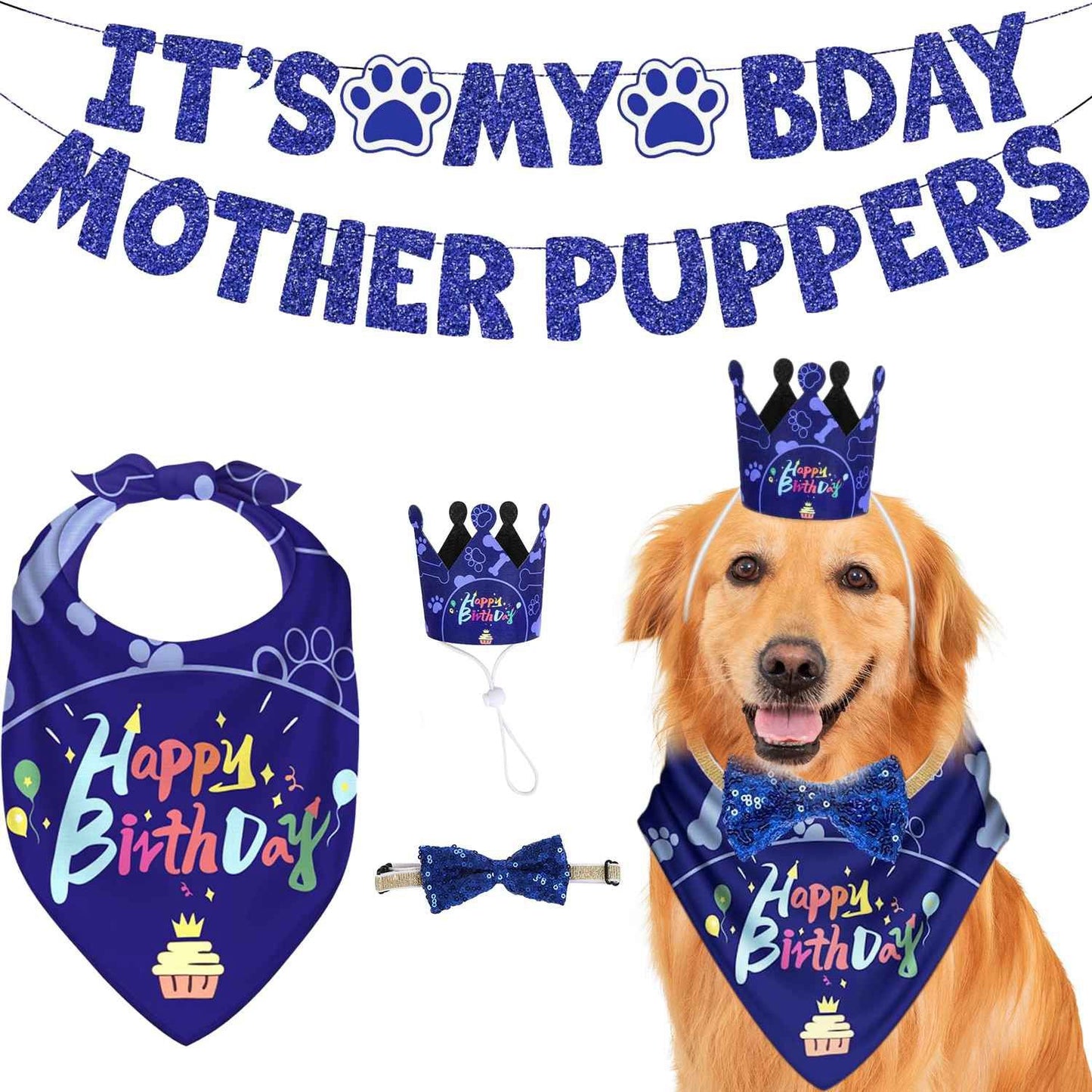 Dog Birthday Party Supplies, Boy Dog Birthday Bandana Set with Cute Dog Bowtie, Scarf, Birthday Banner Balloons and Hat with Numbers for Medium and Extra Large Dogs Pets(Blue)