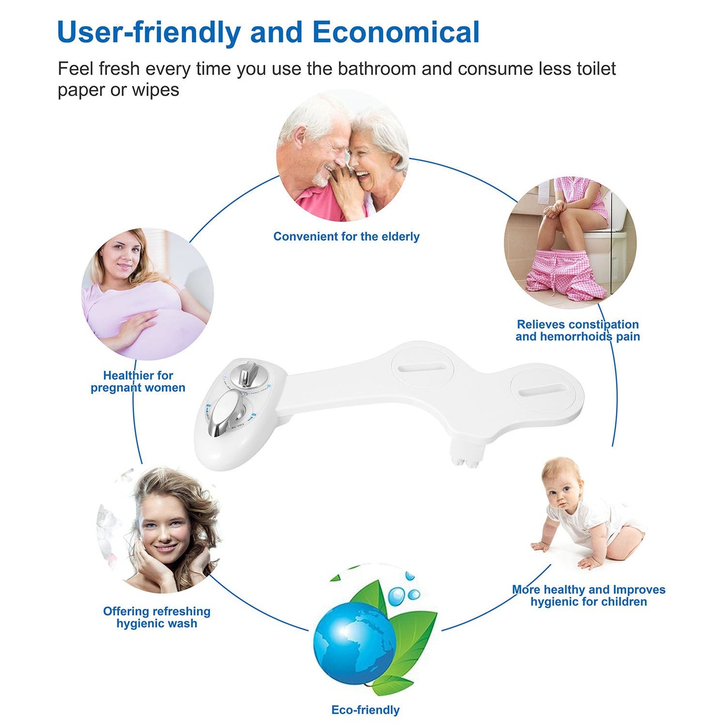 Easy Install Bidet for Standard 2-Piece Toilets, 2 Cleaning Modes with Self-Cleaning Nozzle, User-Friendly for Children, Adults & Elderly, Hygienic & Economical