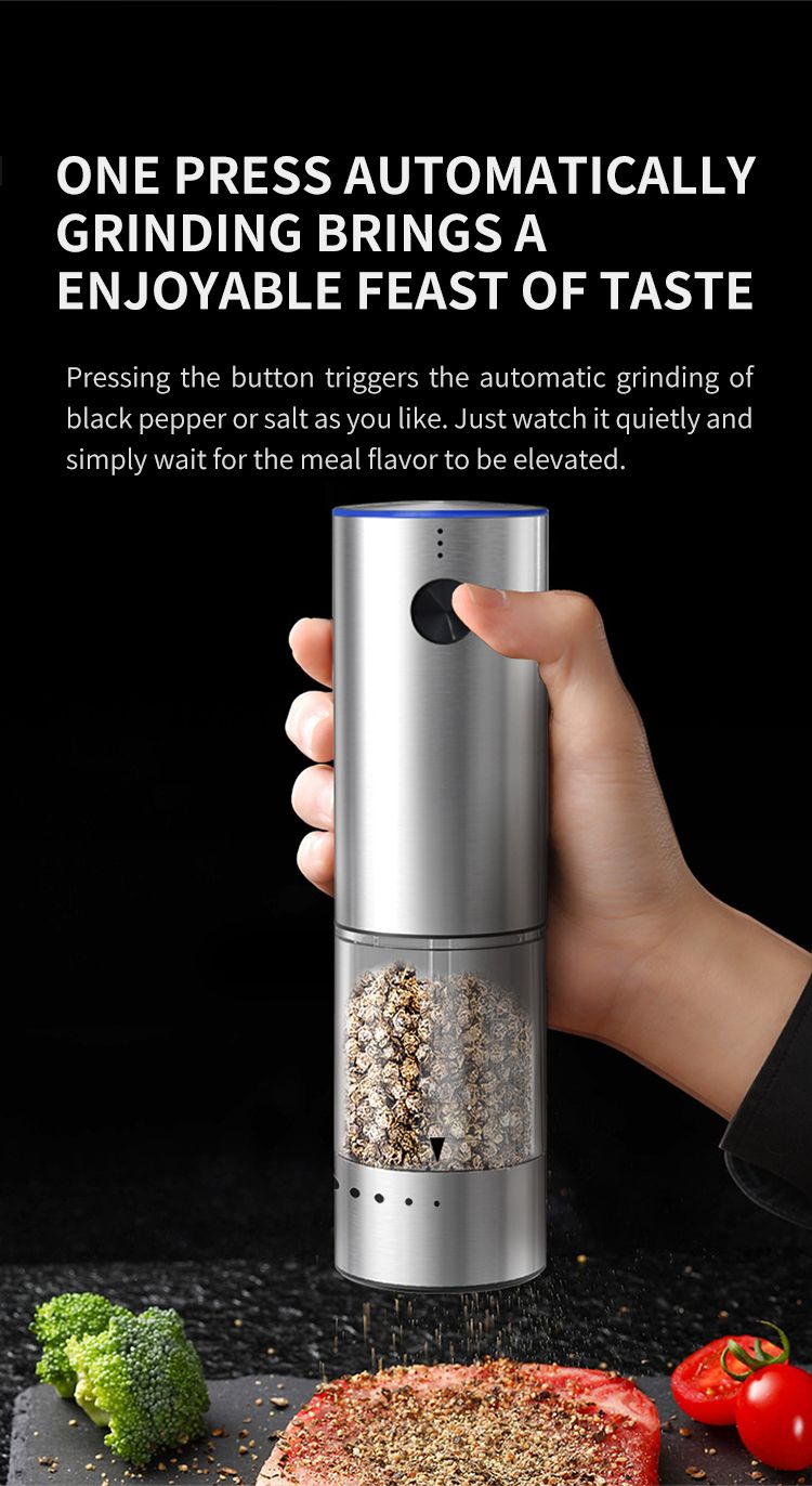 Electric Salt or Pepper Grinder , Stainless Steel with LED Light, Type-C Rechargeable, Ceramic Adjustable Coarseness, 95ml Large Capacity Visible Window, Patented Light Pipe Washable Design for Kitche