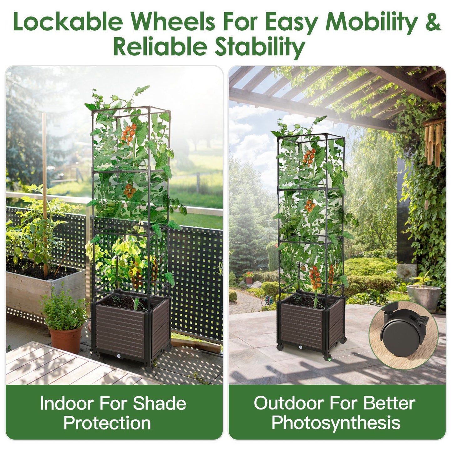 Expandable Rustproof Raised Garden Bed Planter - 62.99in Tall with Trellis, Automatic Water Drainage, 4 Lockable Wheels, Easy Assembly (No Screws), Perfect for Vines/Climbing Plants