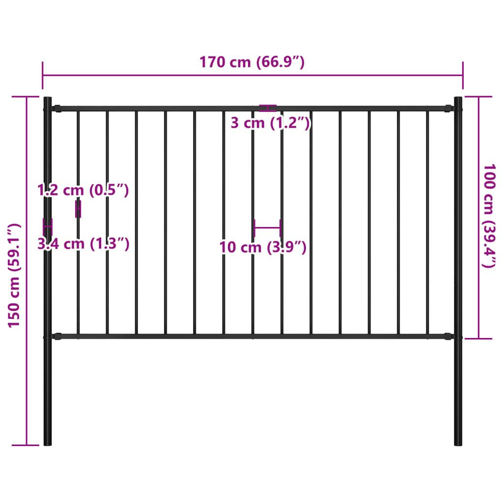 Fence Panel with Posts Powder-coated Steel 5.9 ft x 3.3 ft Black