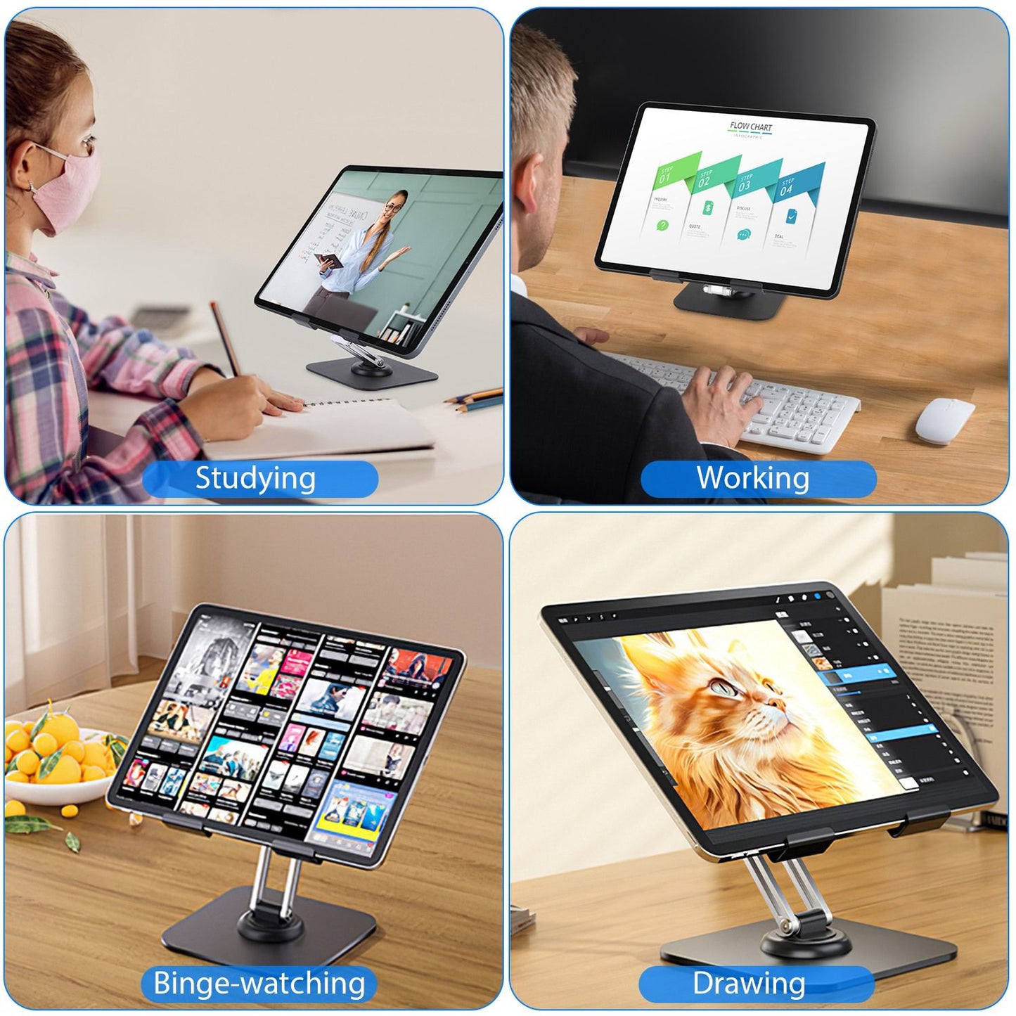Foldable iPad Tablet Stand Adjustable Tablet Holder for Desk Rotatable Monitor Stand Holder Fit For iPad 11 10 9 8 7 Aluminum Alloy