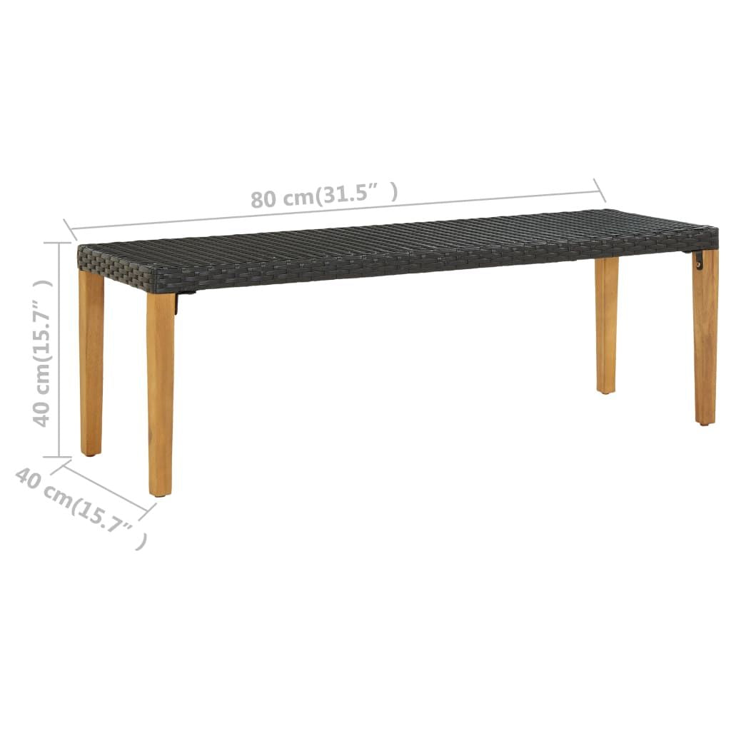 Garden Bench Black, Natural Wood Poly Rattan, Solid Acacia Wood