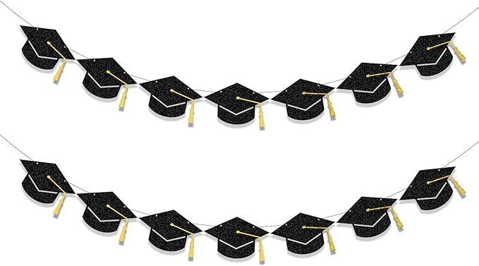 Graduation Decorations Class of 2025 Party Supplies - Graduation Grad Caps Banner (Pre-Strung)