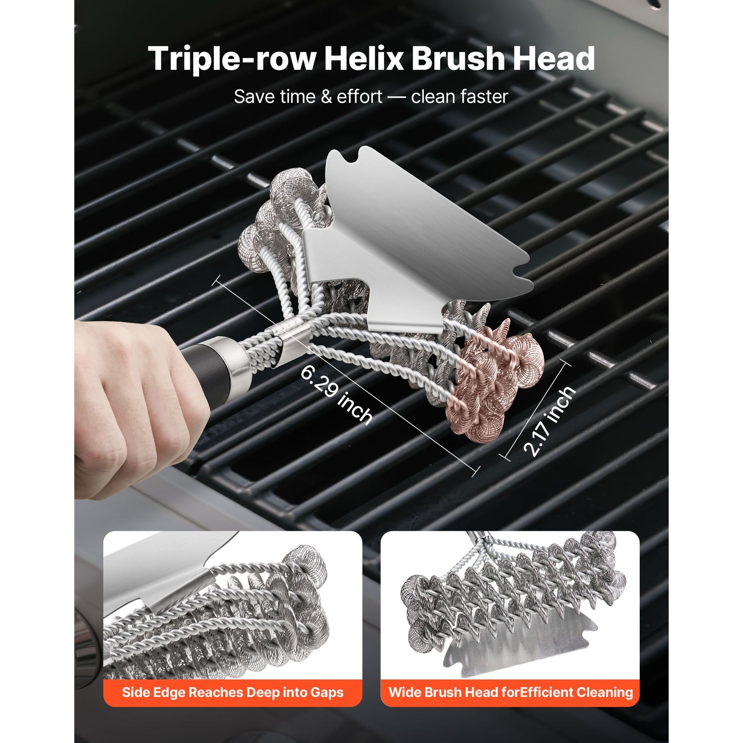 Grill Brush and Scraper, BBQ Brush for Outdoor Grills, Stainless Steel Woven Wire, Bristle Free Barbecue Brushes for Porcelain, Charcoal, Grate Cleaner Grill Accessories, 17 in