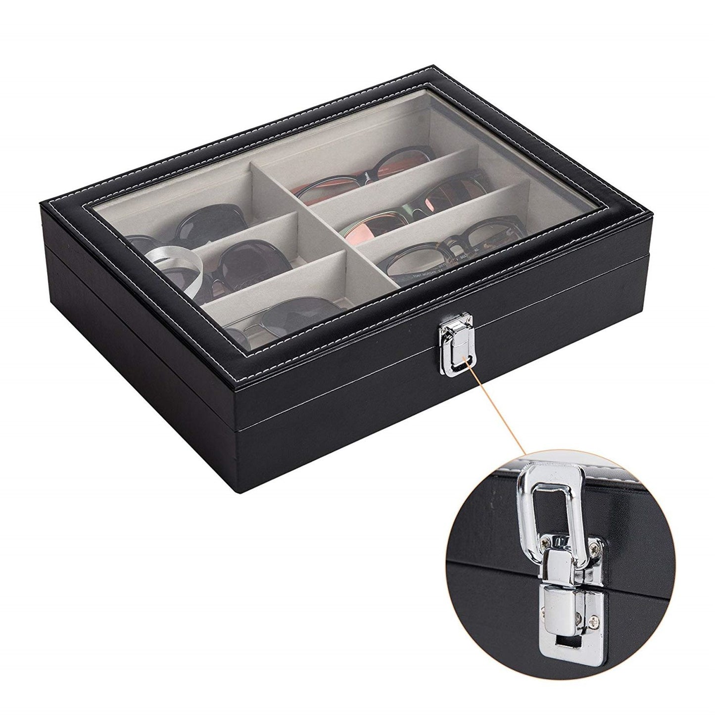 Leather Multi Sunglasses Organizer for Women Men Eyeglasses Eyewear Display Case Sunglass Glasses Storage Holder Box Sunglasses Collection Case with 8 Slots Black