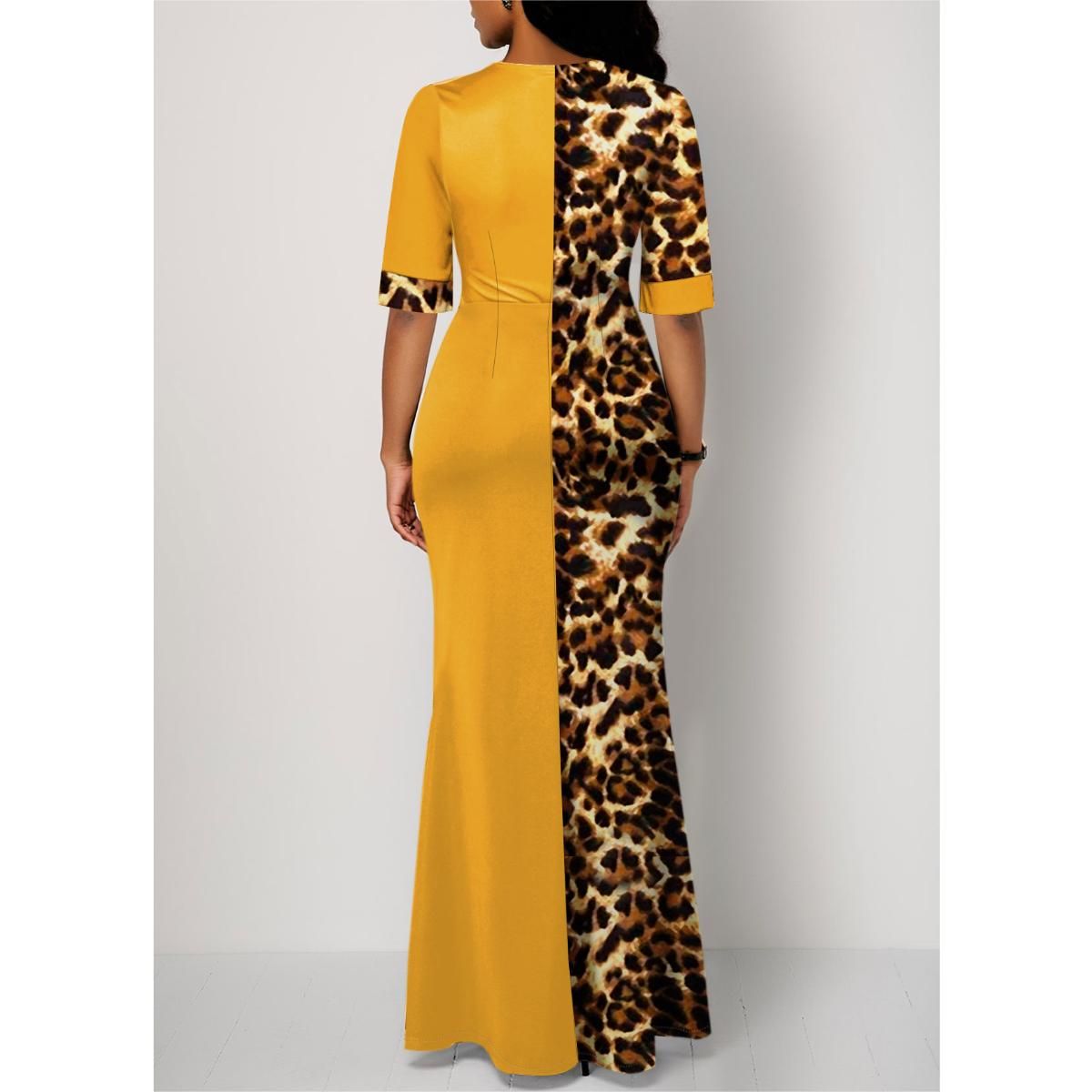 Leopard Print Stitching Slit Bodycon Dresses Round Neck High Waist Long Skirt for Party Prom Dinner Business Club