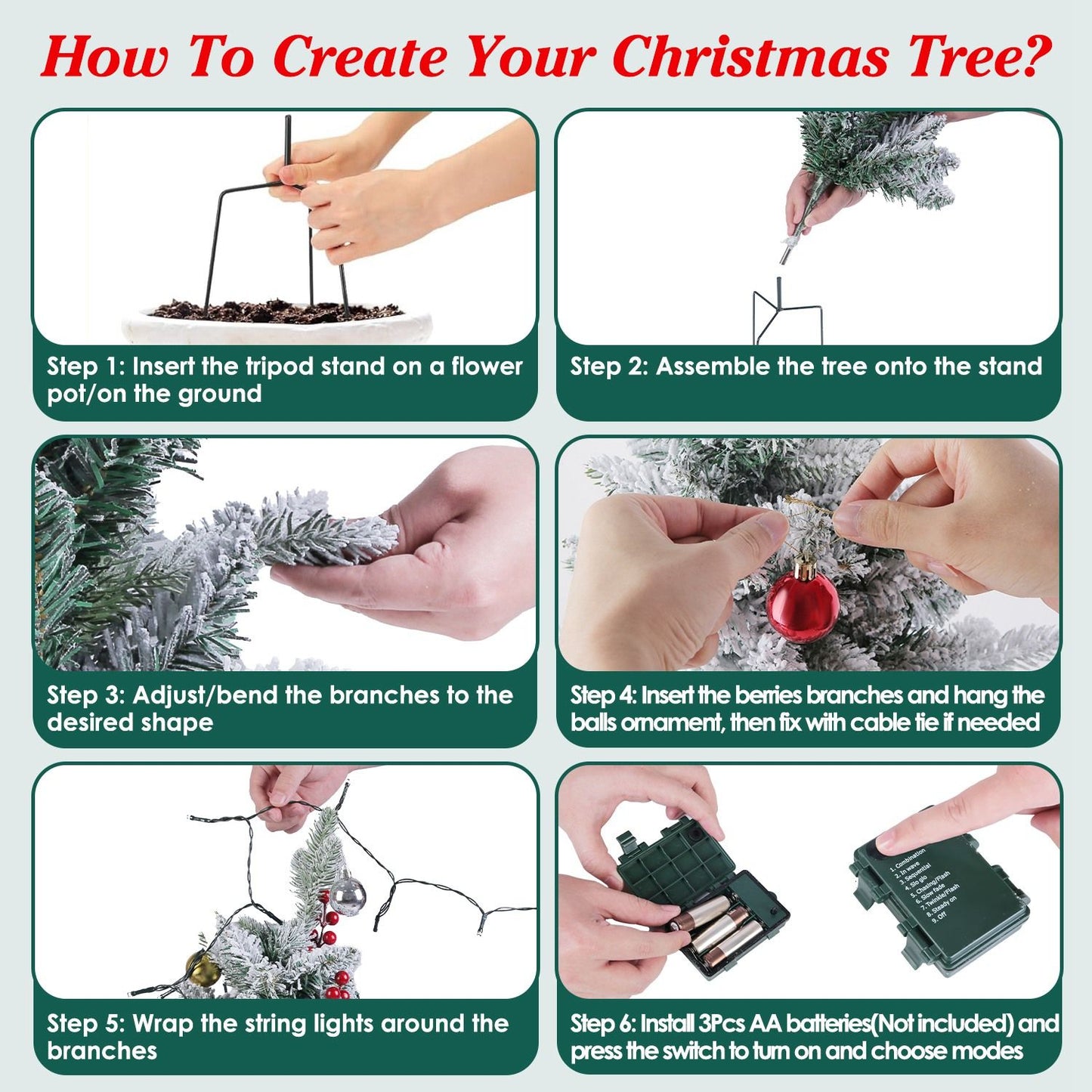 Lifelike Tabletop Artificial Christmas Tree - 50 Warm LED Lights with 8 Lighting Modes, Auto Timer, IP44 Waterproof & Battery Operated, Decorated with Red Berries/Decor Balls for Holiday Decor
