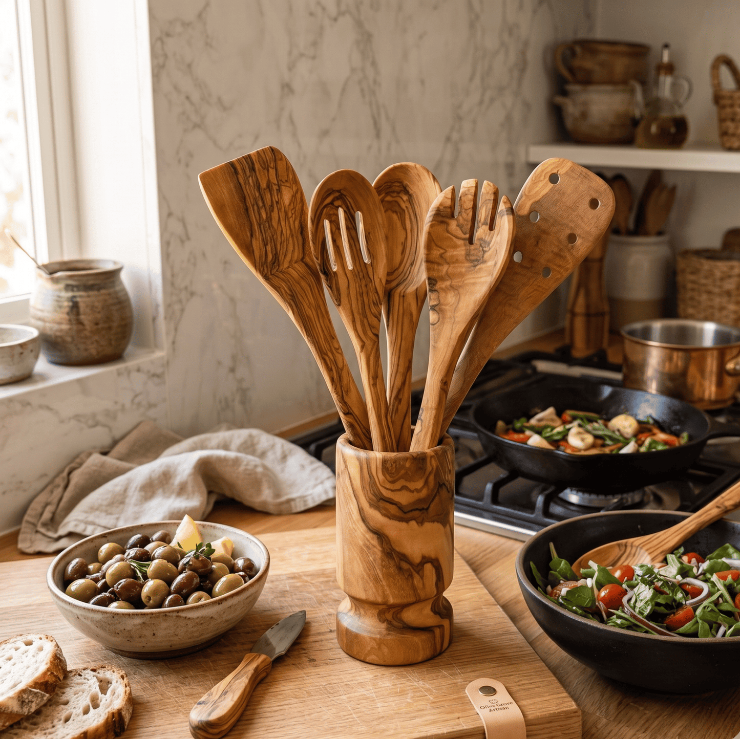 Olive Wood Kitchen Utensil Set with Holder - 6 Piece Hand Carved Wooden Cooking Spoons and Spatula Tools Set for Cooking, Serving, Nonstick Cookware - Unique Housewarming Gift