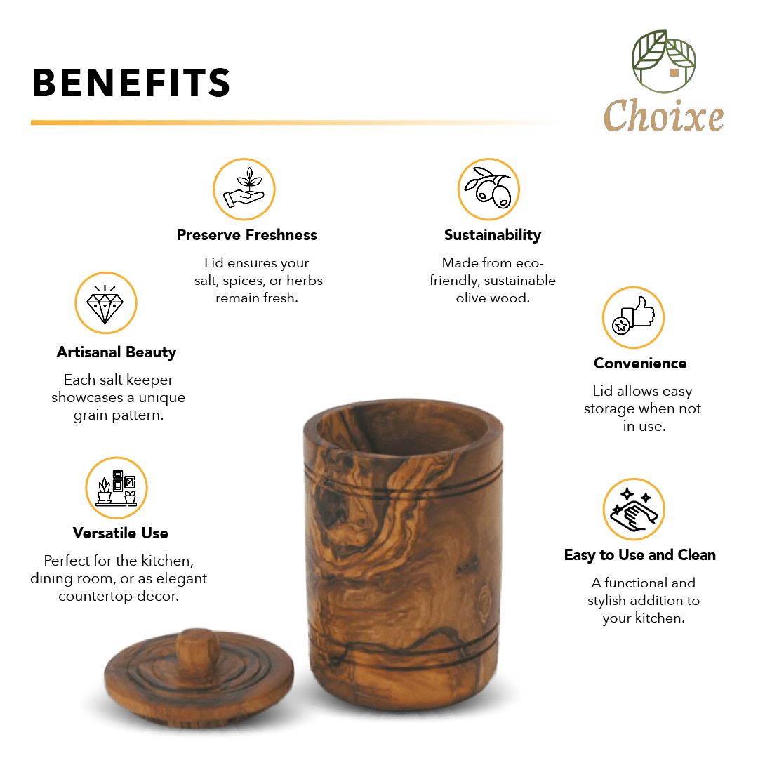 Olive Wood Spice Jar Salt Keeper with Lid - Hand-Carved Airtight Salt Cellar & Decorative Sugar Bowl, Sustainable Kitchen Storage Container