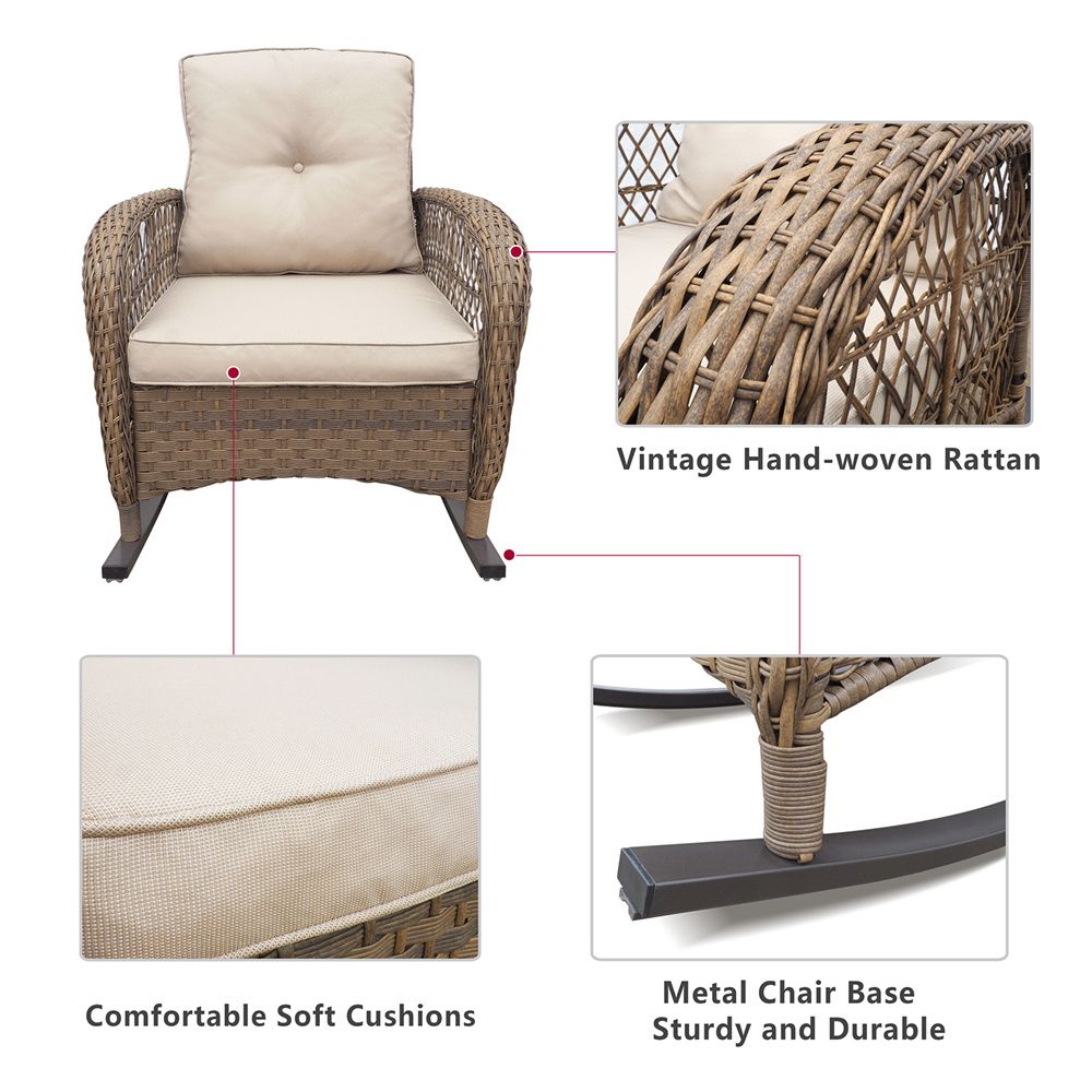 Outdoor Wicker Rocking Chair; Patio Rattan Rocker Chair with Soft Cushions and Steel Frame; Khaki