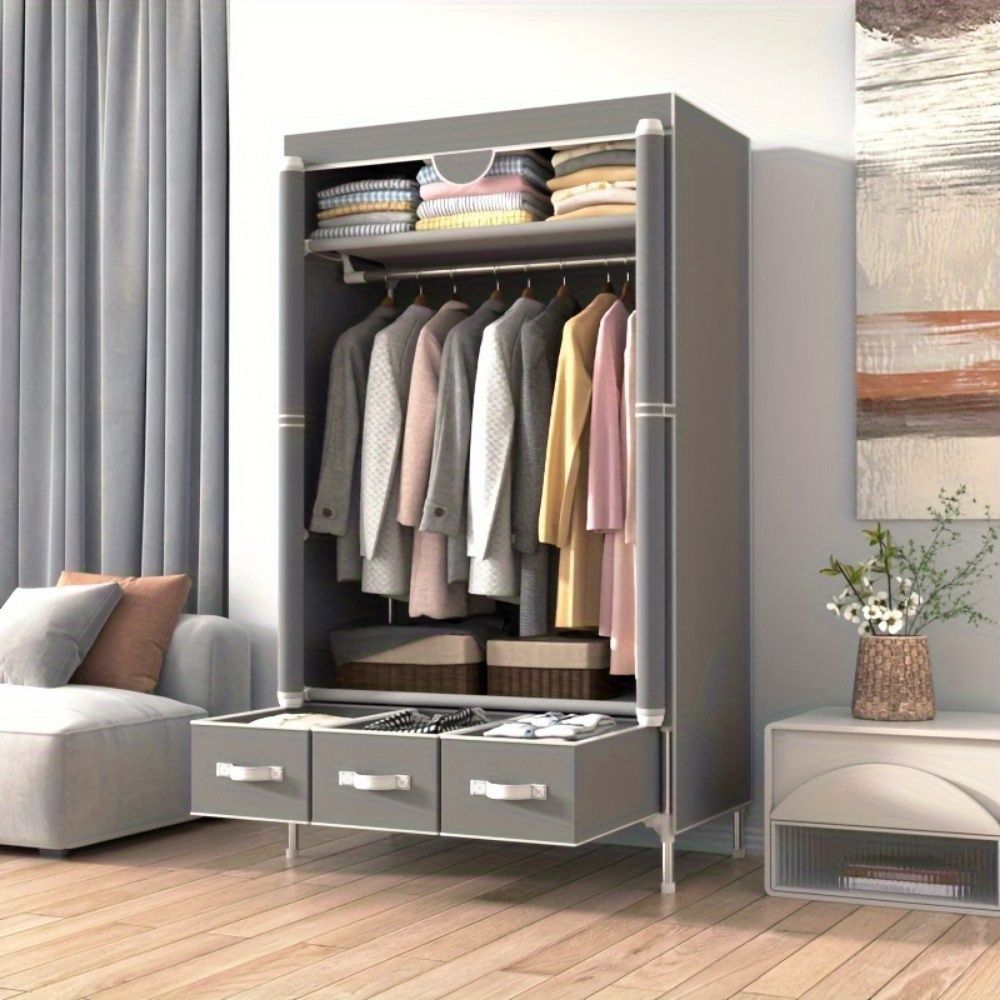 Portable Clothes Closet Rolling Door Wardrobe with Hanging Rack Non-Woven Fabric Storage Organizer with Three Drawer Boxes No-Tool Assembly - 67in*35.4in*17.7in(Gray)