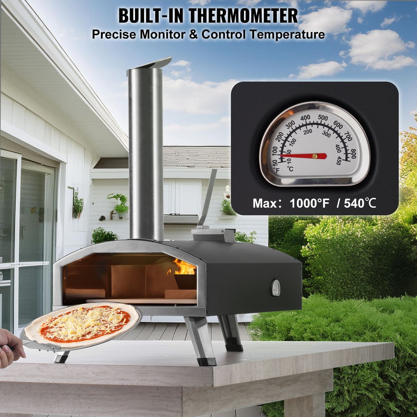 Portable Outdoor Oven, 12-inch Pizza Oven, Pellet & Chips & Charcoal Tri-Fuel, Iron Spray Pizza Grill, Includes Pizza Stone, Waterproof Cover, Shovel, Ideal for Camping & Backyard, Black