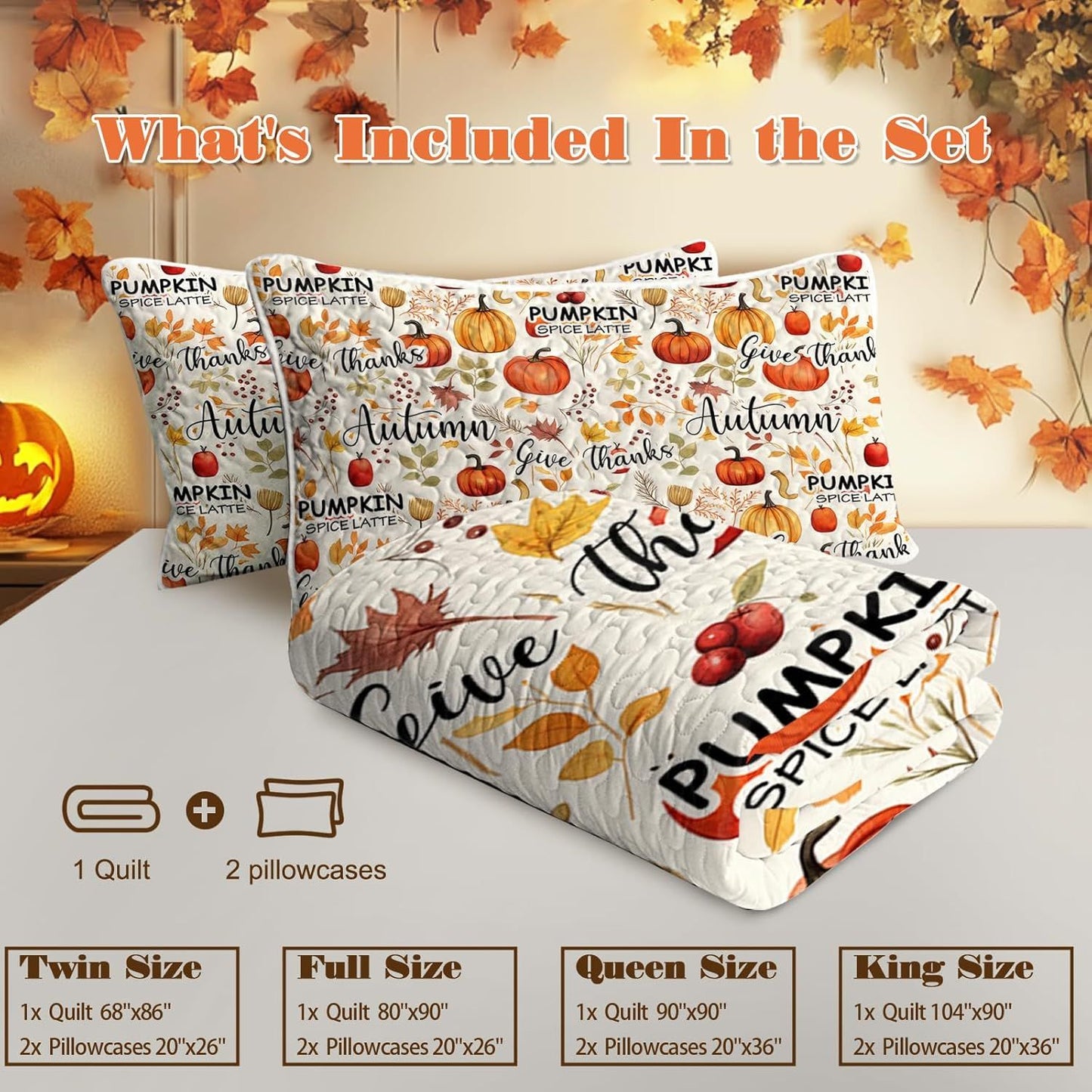 Pumpkin Autumn Leaves Design Quilt Set 3 Pieces All Seasons Bedding Quilt Bed Set with 2 Pillowcases for Kids Teens Adults Bedroom Decor Thanksgiving