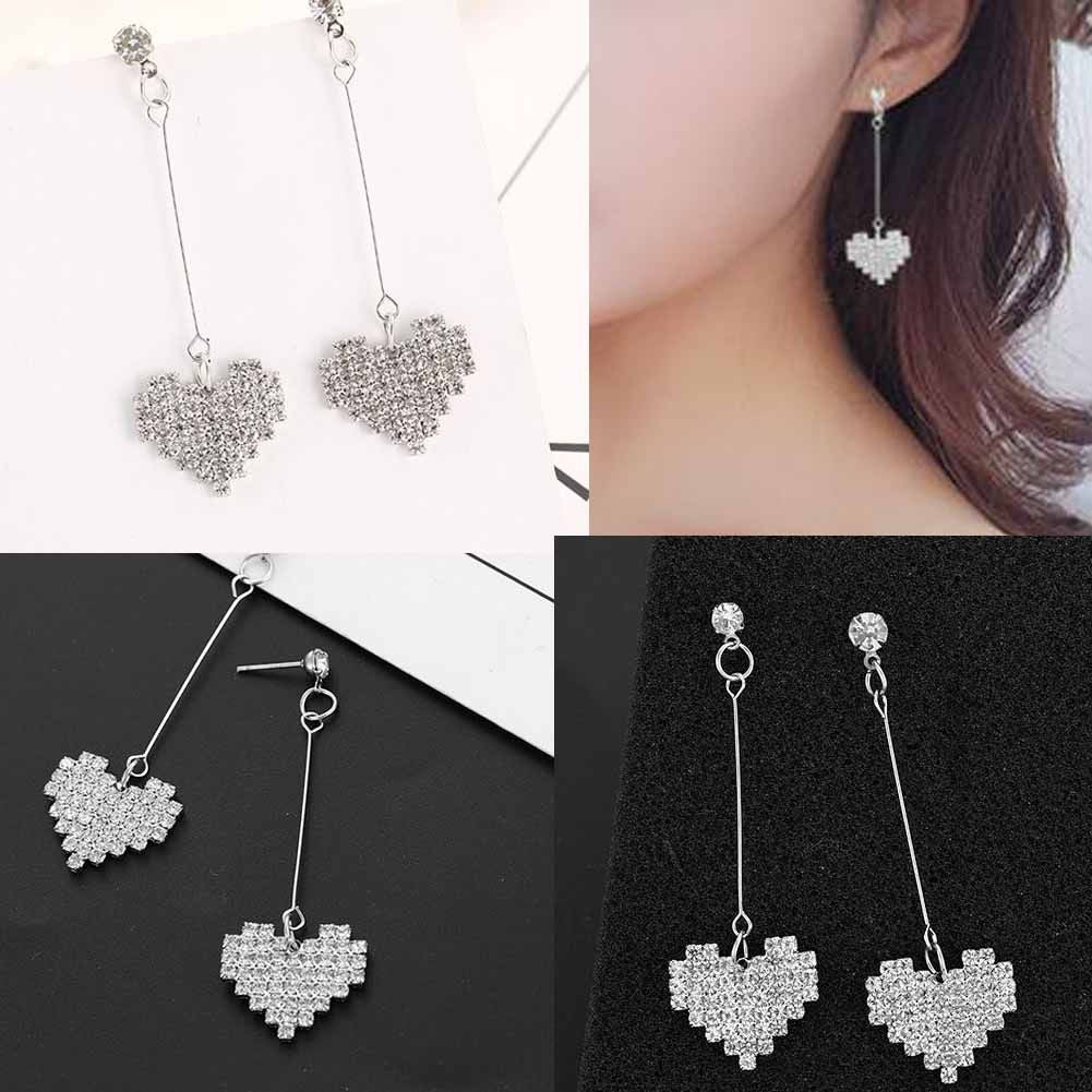 Rhinestone Heart Shape Long Pendant Dangle Earrings Party Stud Earrings for Women; Silver Color; 2 Pairs