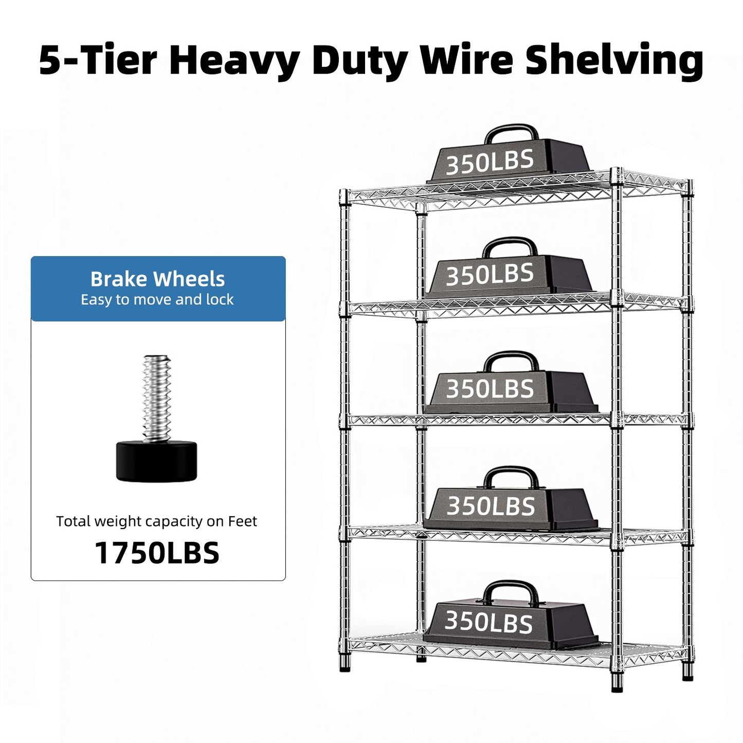 Steel Storage Shelving 5-Tier Utility Shelving Unit Steel Organizer Wire Rack for Home,Kitchen,Office,Garage, 1750 LBS Capacity 17.7" D x 47.2" W x 72.3" H