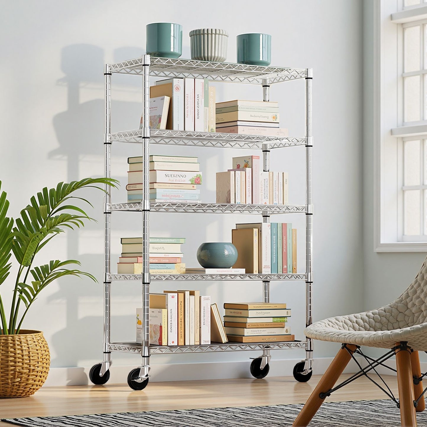 Steel Storage Shelving 5-Tier Utility Shelving Unit Steel Organizer Wire Rack with Wheels for Home,Kitchen,Office,Garage, 1750 LBS Capacity 17.7" D x 47.2" W x 72.3" H