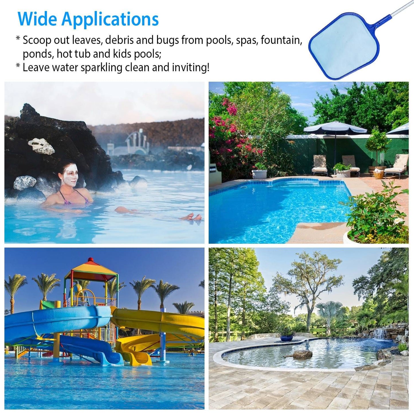 Swimming Pool Telescopic Leaf Net Skimmer Rake with Adjustable Aluminum Pole and Nylon Medium Fine Mesh for Cleaning Swimming Pools, Hot Tubs, Spas and Fountains
