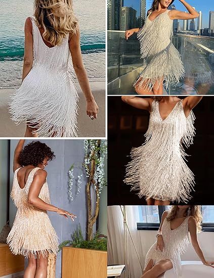 Women's Layered Fringe Deep V Neck Mini Dress Sleeveless Tassels Flapper Dresses
