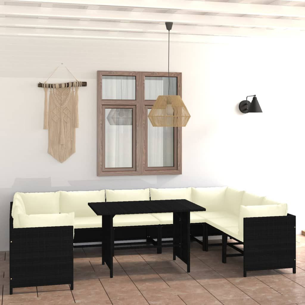 10 Piece Patio Lounge Set with Cushions Poly Rattan Black