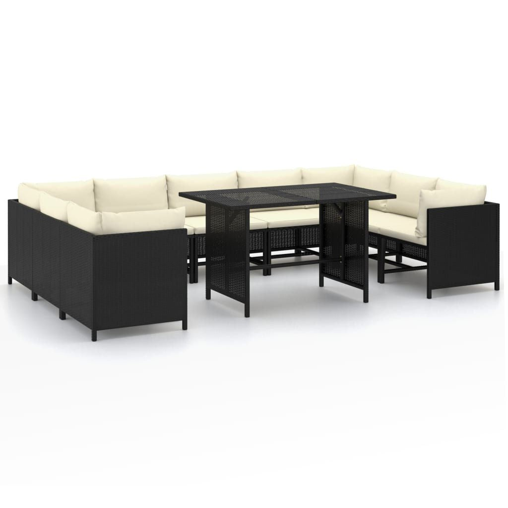 10 Piece Patio Lounge Set with Cushions Poly Rattan Black