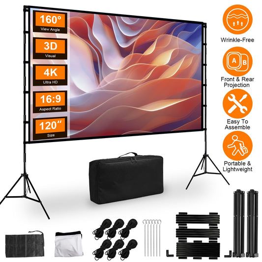 100-120" Portable Projector Screen with Stand, Foldable & Anti-Crease, HD 4K Movie Screen for Outdoor/Indoor Use, Home Theater, Parties & Business Presentations - Includes Carry Bag