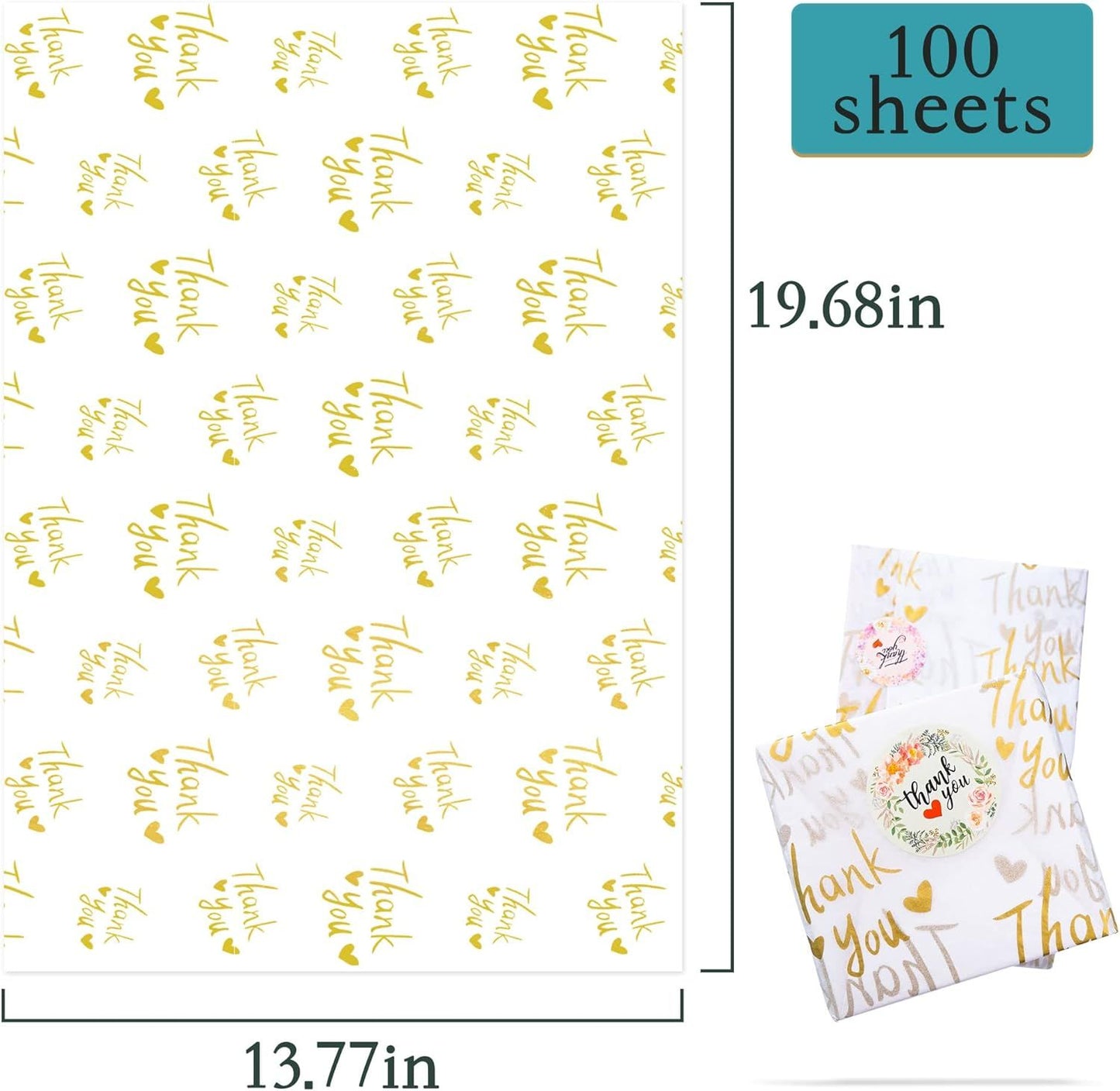 100 Sheets White with Metallic Gold Thank You Tissue Paper Bulk,20" x 14",Gold Thank You Tissues Paper for Packaging, Gift Bags, Graduation,Birthday,Thanks giving
