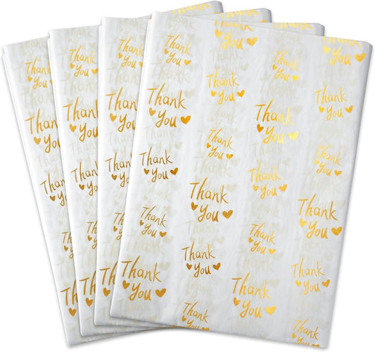 100 Sheets White with Metallic Gold Thank You Tissue Paper Bulk,20" x 14",Gold Thank You Tissues Paper for Packaging, Gift Bags, Graduation,Birthday,Thanks giving