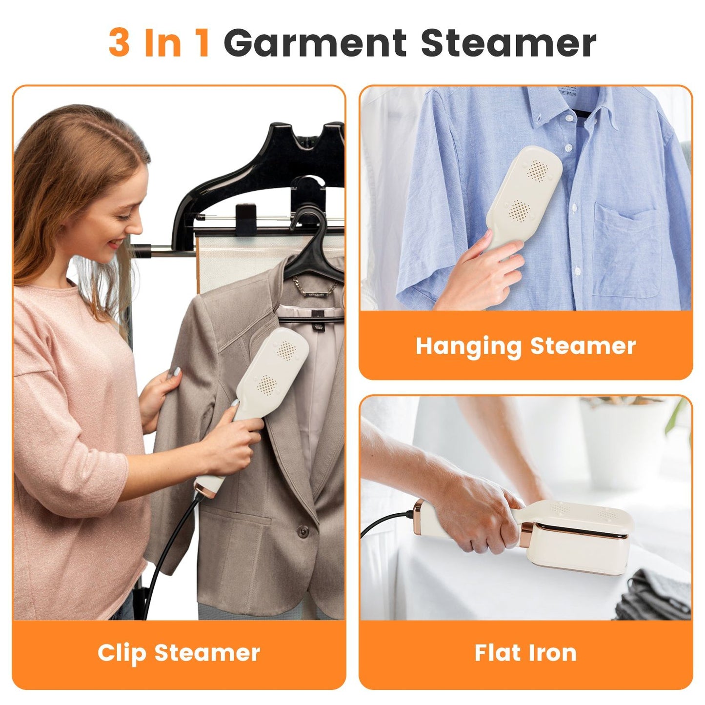 1000W 3-in-1 Handheld Travel Steamer - 180° Rotating Head for Flat Iron, Hanging & Clip Use, 20s Fast Preheat, Dry/Wet Ironing, 20OZ Leak-Proof Tank, Lightweight with Storage Bag, Graphene Ceramic Coa