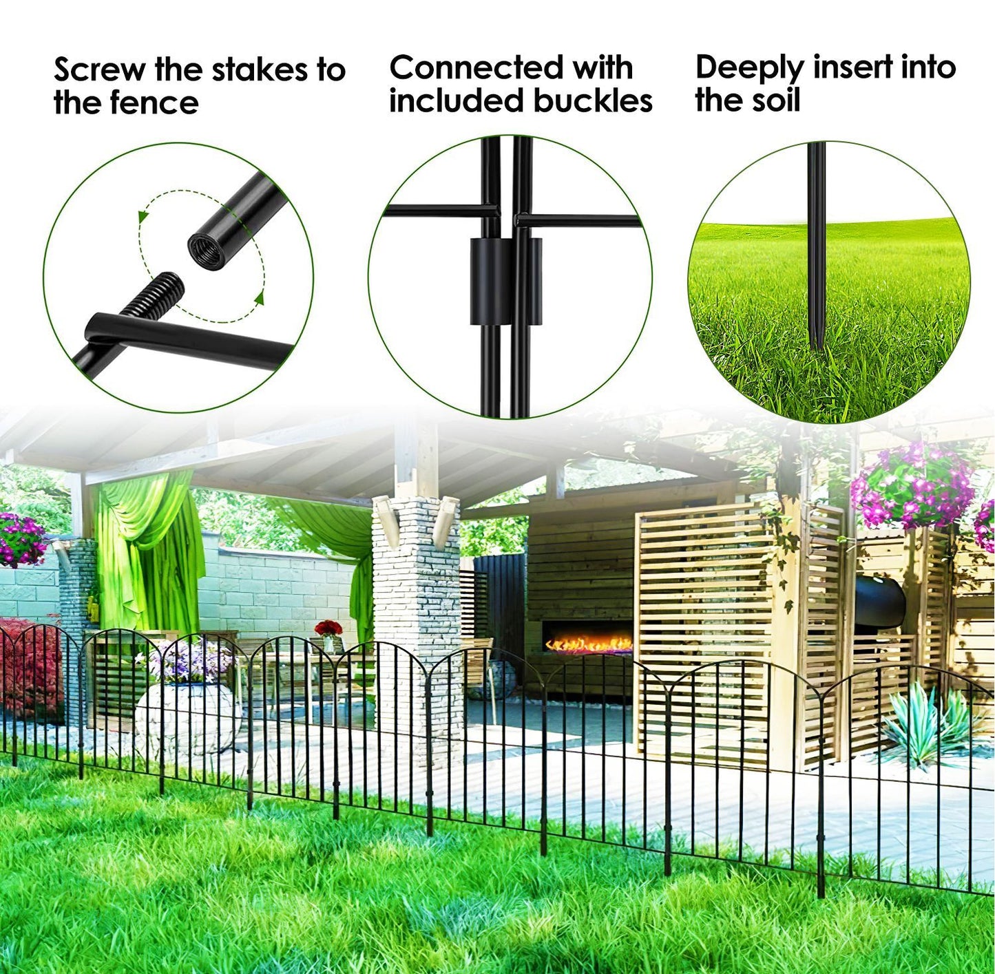 10Pcs Decorative Garden Fence Rustproof Iron Wire Arched Fence Animal Barrier Border 12.59' Width 23.93' Length For Yard Landscape Patio Outdoor Decor